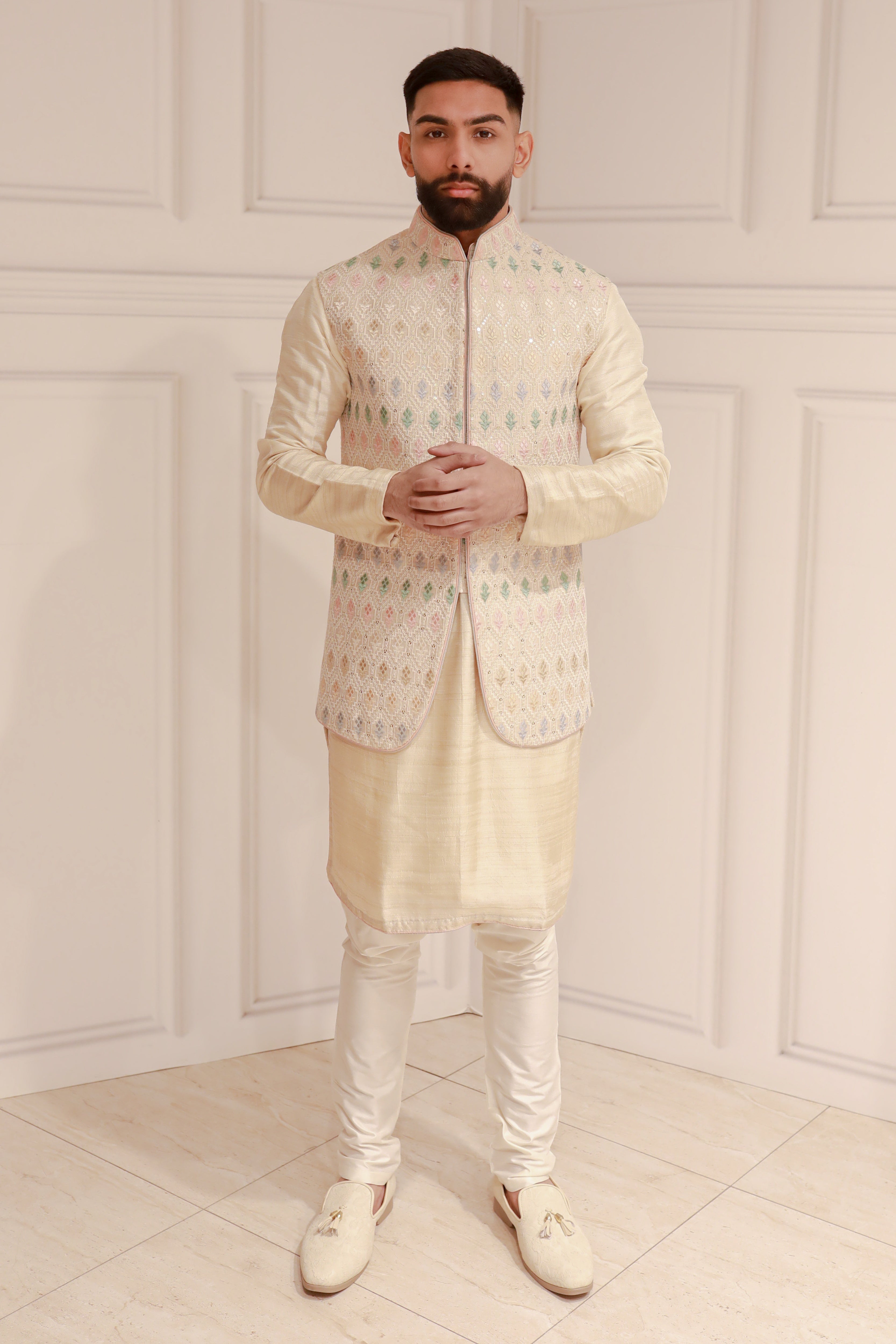 MULTI THREAD JACKET WITH LIGHT GOLD KURTA AND TROUSER