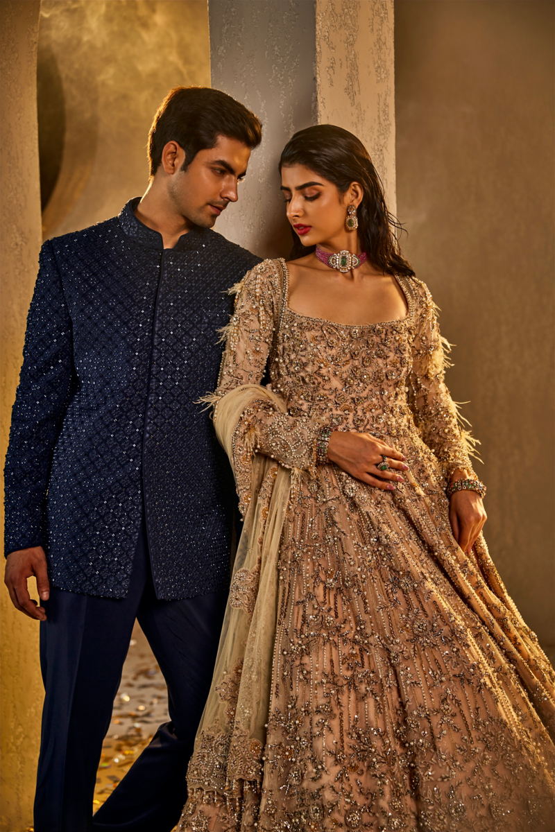 3D FLOWERS CHAMPANGE GOWN WITH EMBROIDERY SCARF