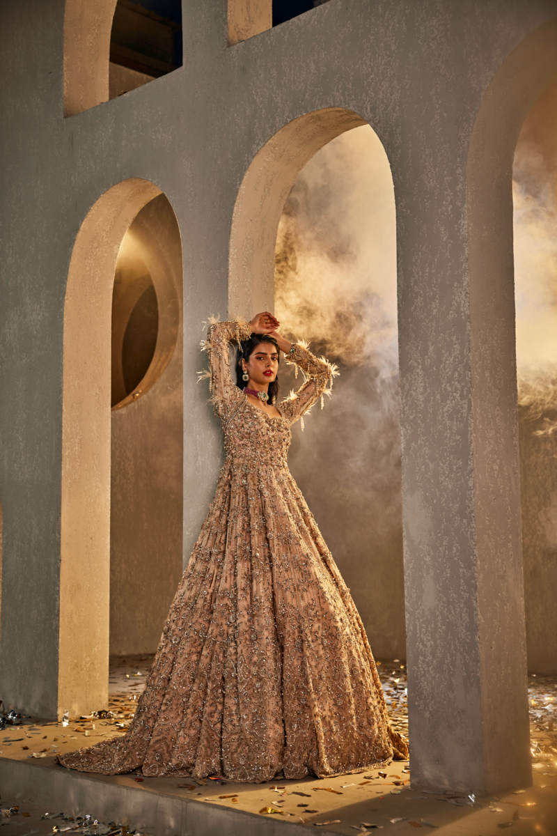 3D FLOWERS CHAMPANGE GOWN WITH EMBROIDERY SCARF