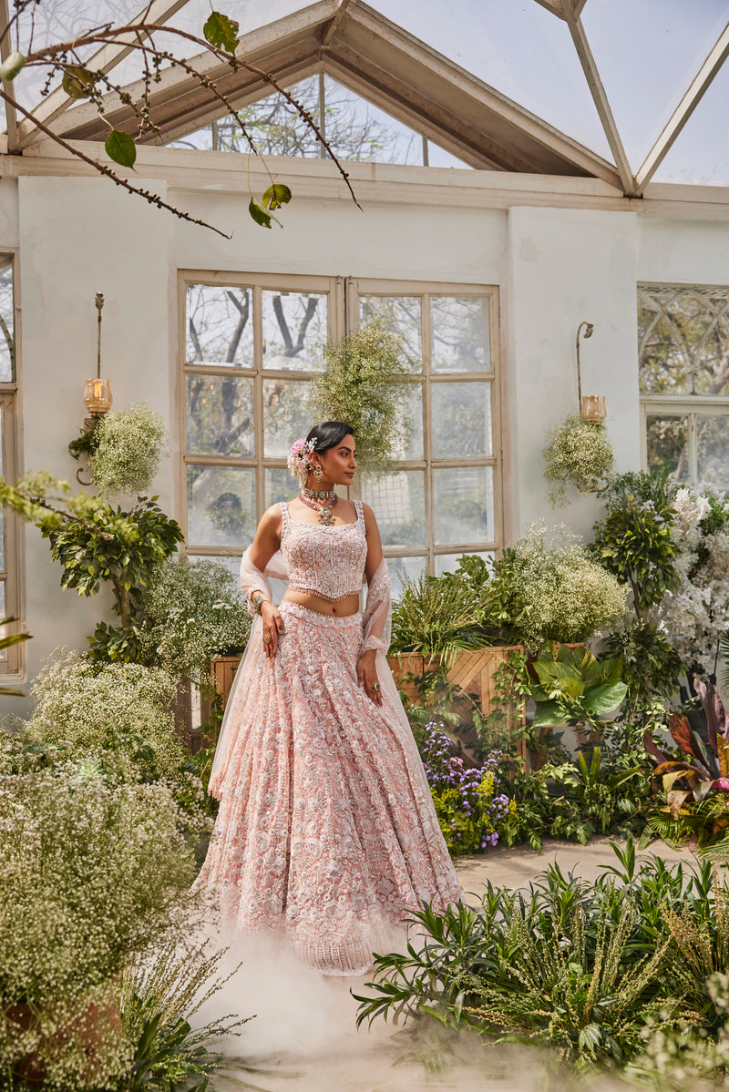 ELEGANT BABY PINK LEHENGA WITH STYLISH EMBROIDERY TOP AND DUPATTA