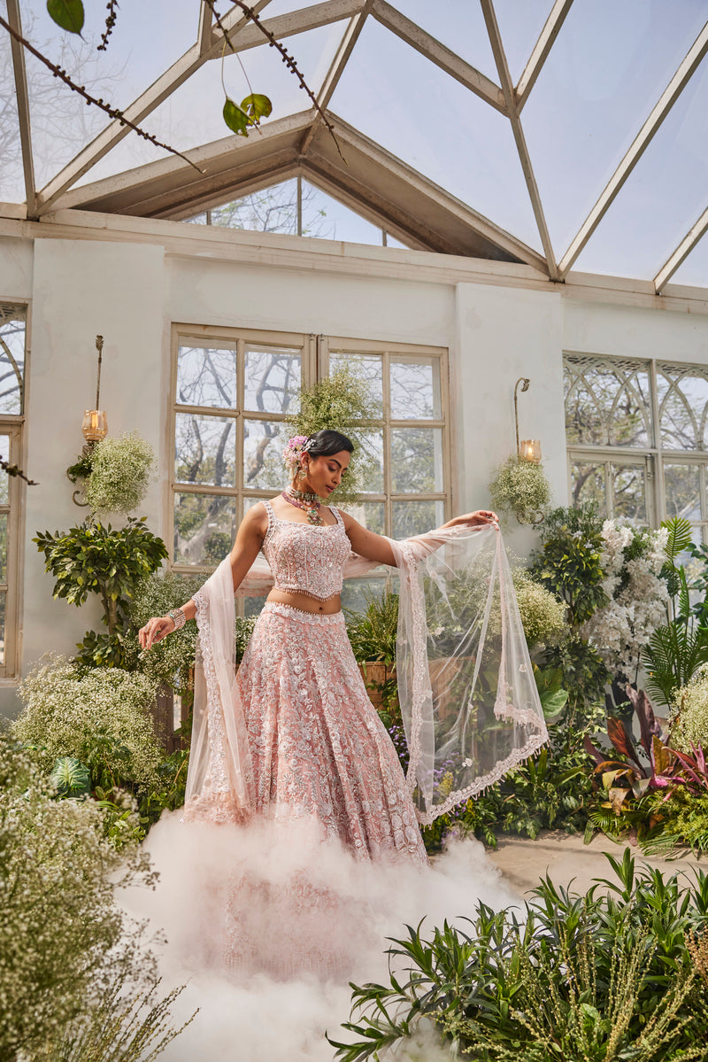 ELEGANT BABY PINK LEHENGA WITH STYLISH EMBROIDERY TOP AND DUPATTA