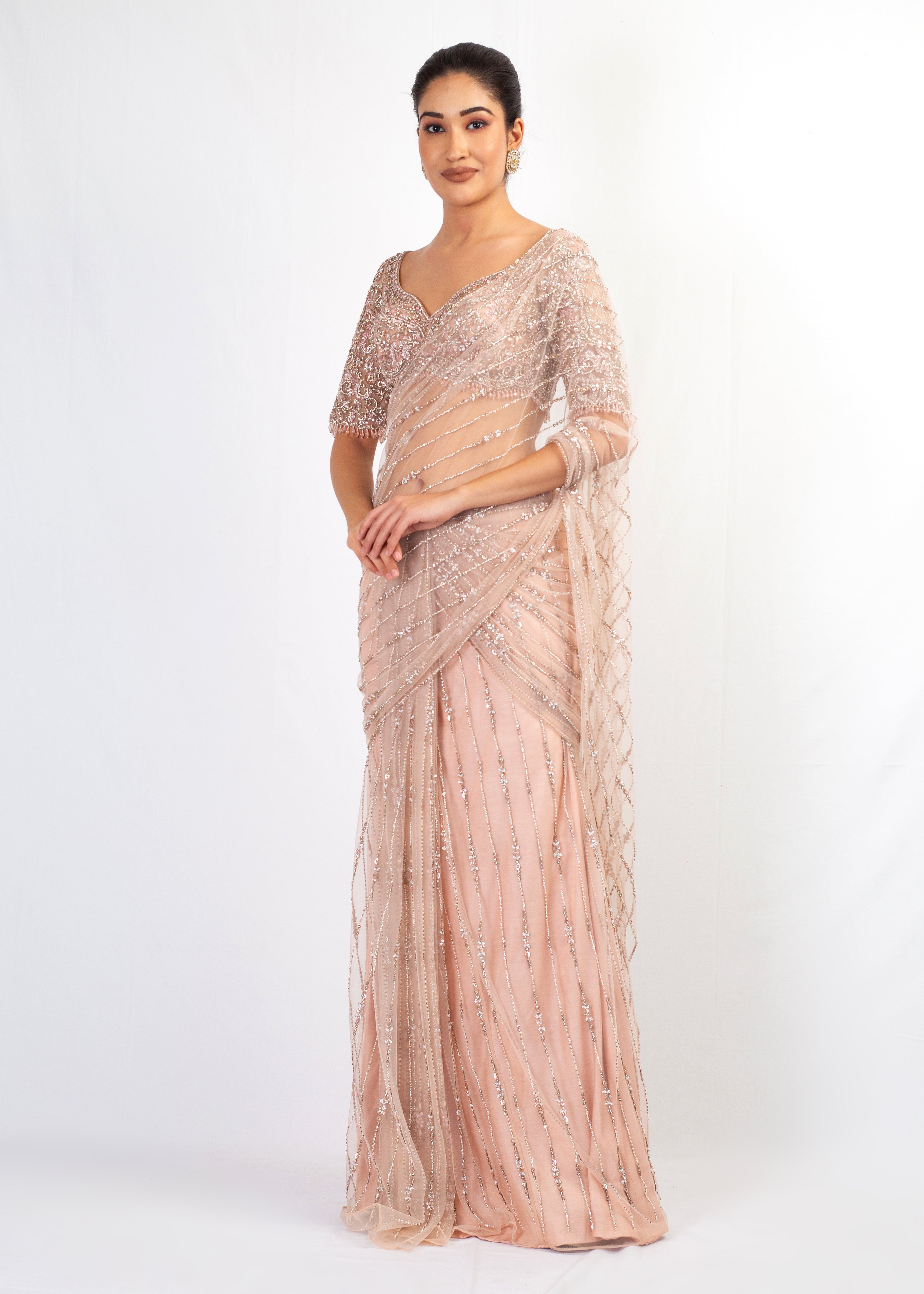 NUDE FULL EMBROIDERED STITCHED SAREE WITH FULL SLEEVES TOP