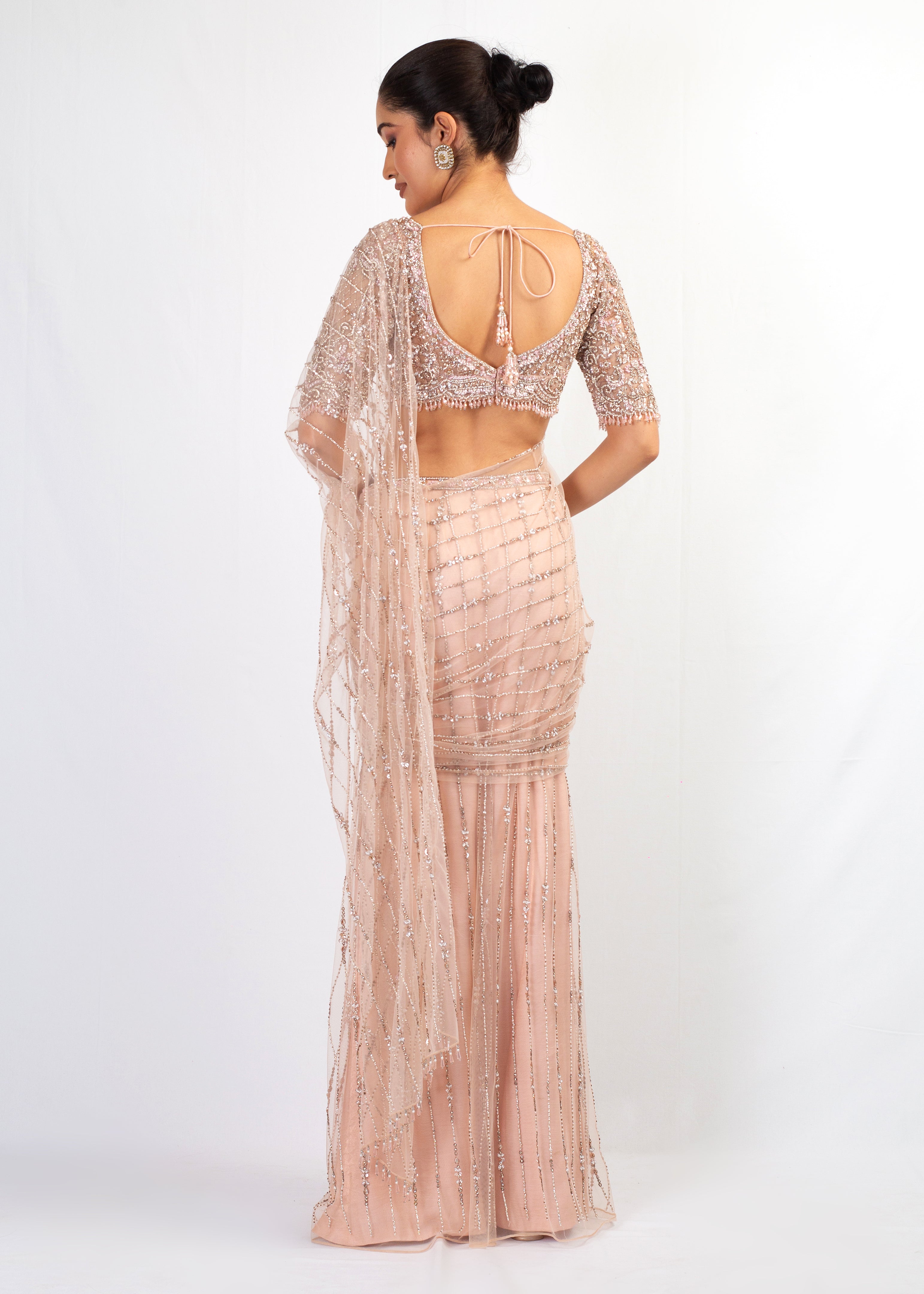 NUDE FULL EMBROIDERED STITCHED SAREE WITH FULL SLEEVES TOP