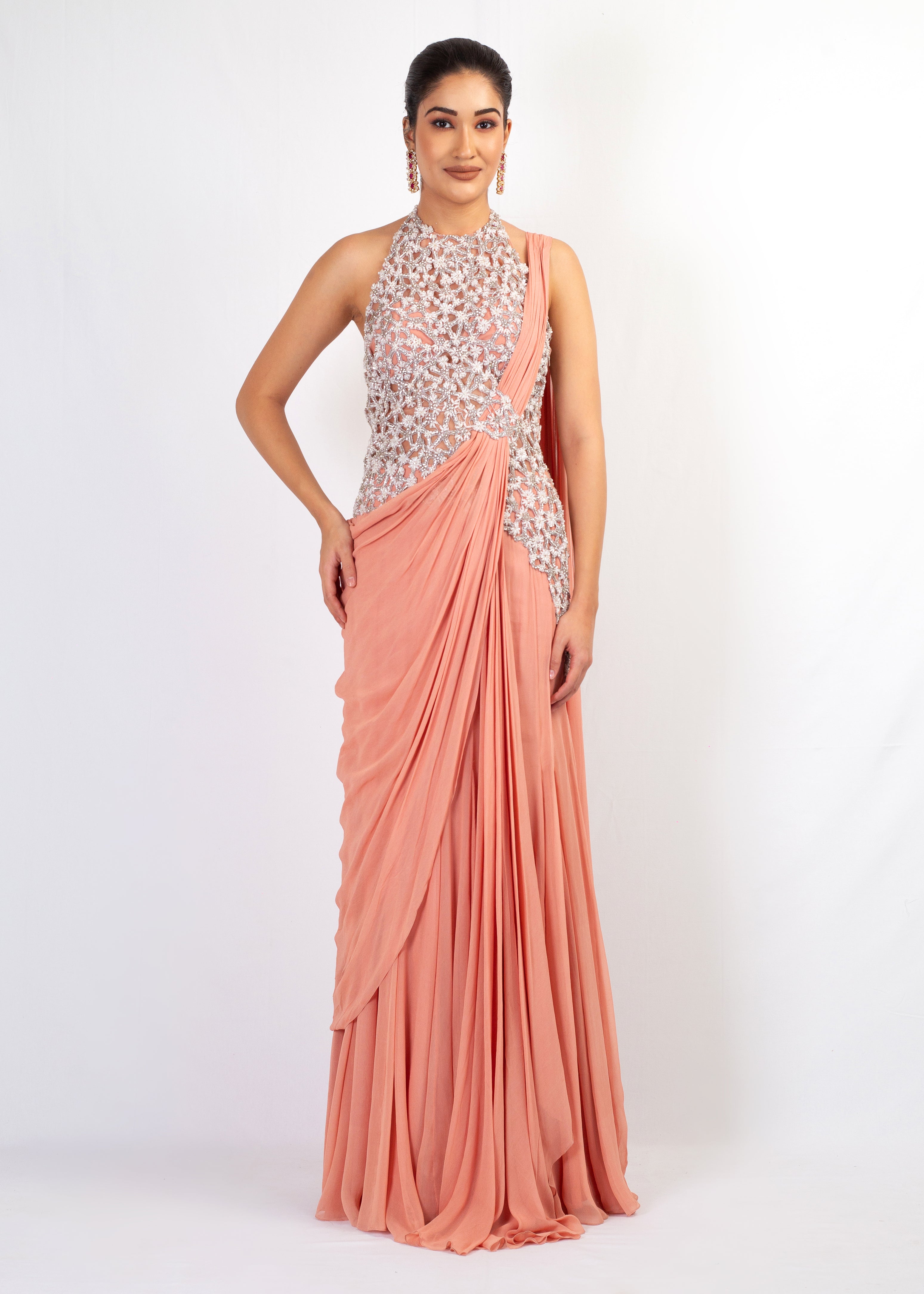 PEACH EMBROIDERY TOP WITH DRAPE SAREE