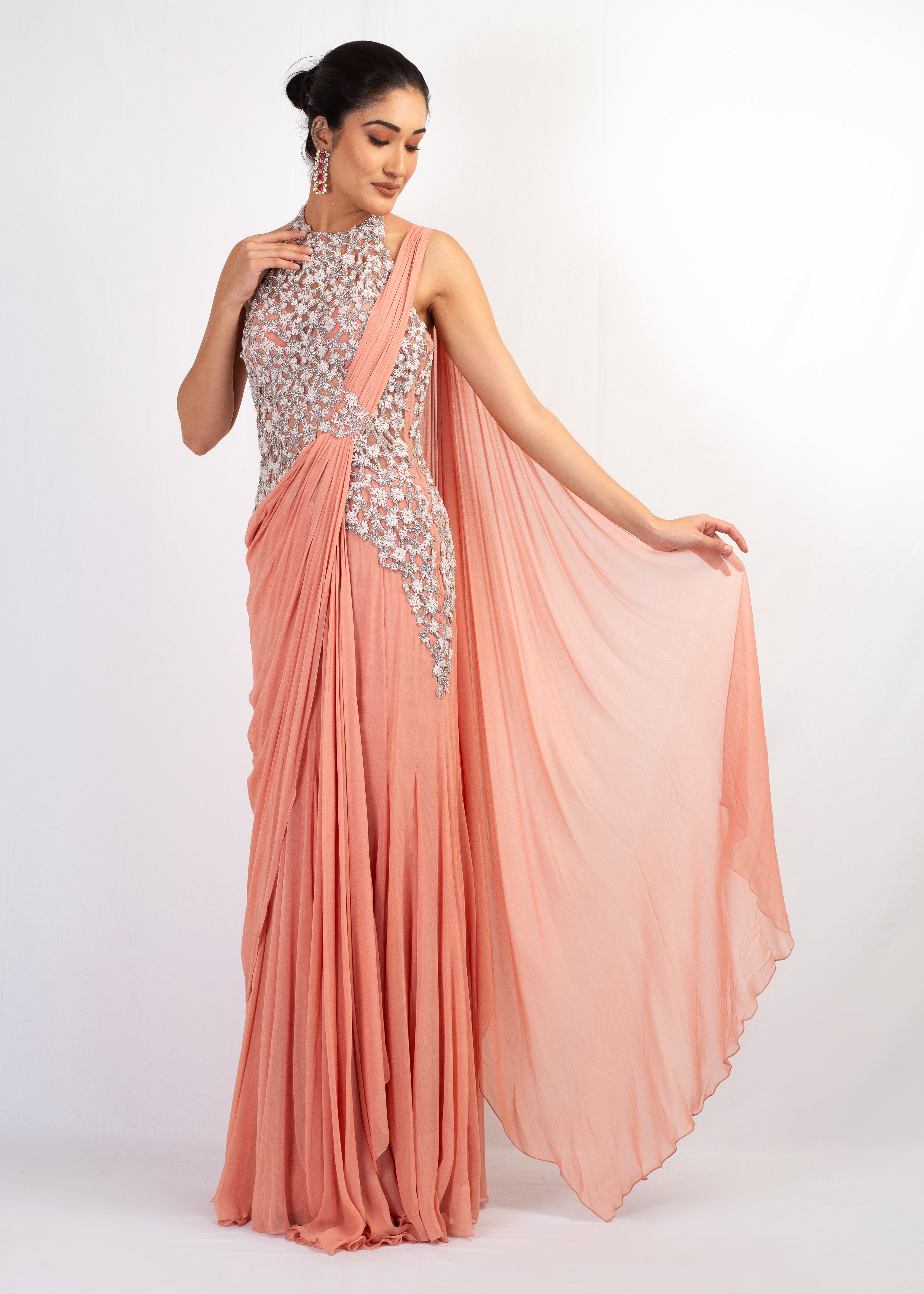 PEACH EMBROIDERY TOP WITH DRAPE SAREE
