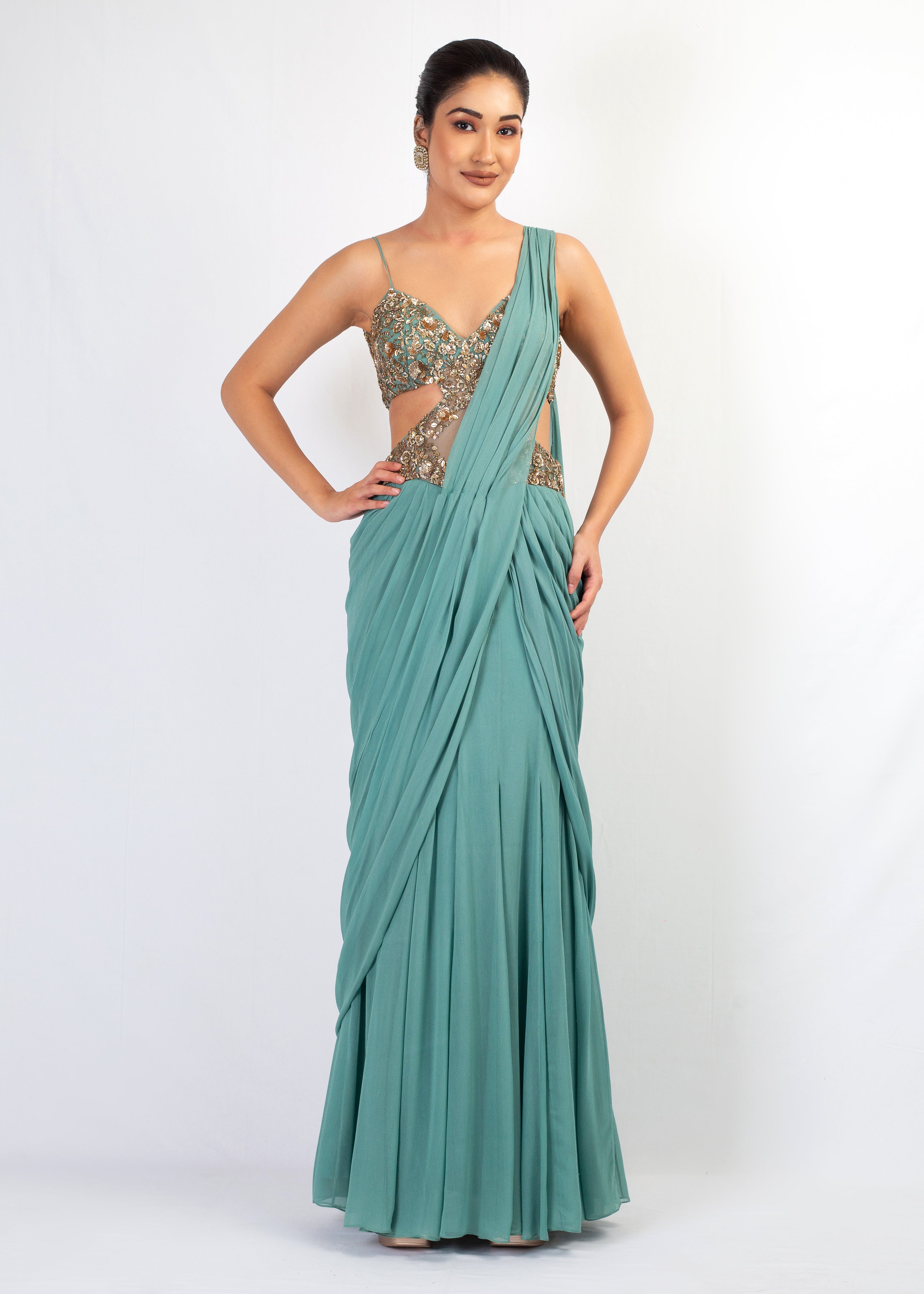 ELEGANT LIGHT BLUE SAREE WITH STYLISH EMBROIDERY TOP