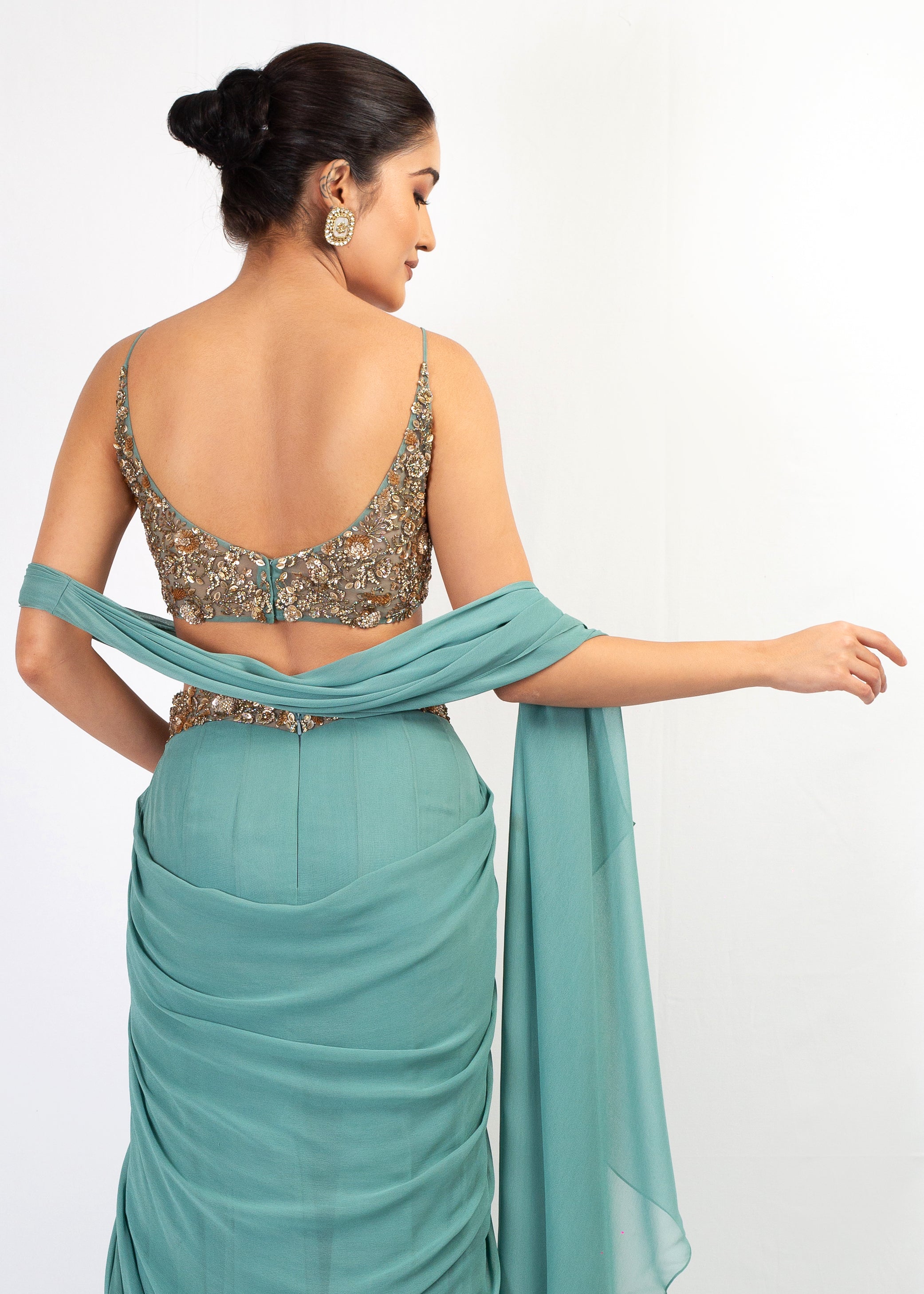 ELEGANT LIGHT BLUE SAREE WITH STYLISH EMBROIDERY TOP
