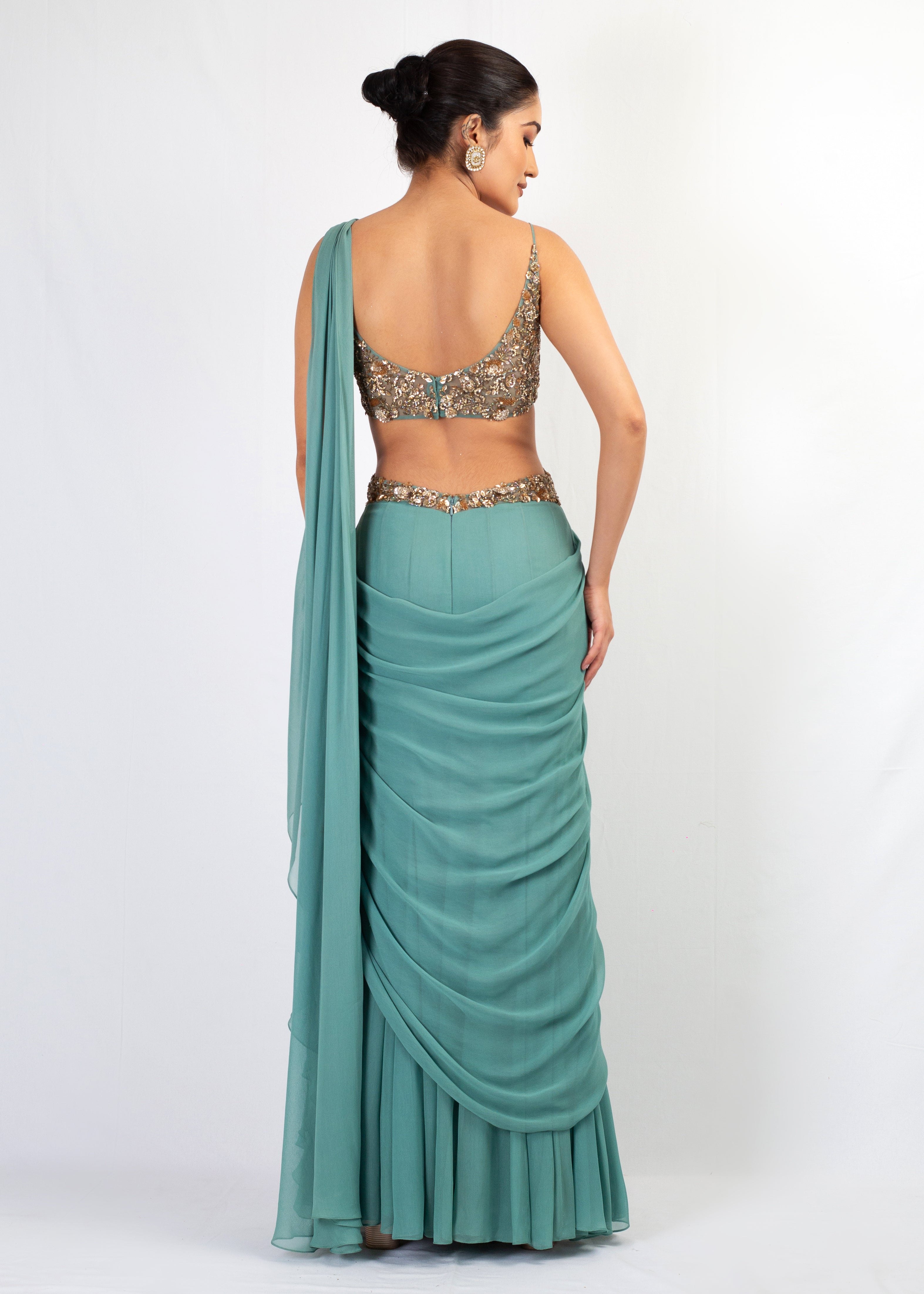 ELEGANT LIGHT BLUE SAREE WITH STYLISH EMBROIDERY TOP