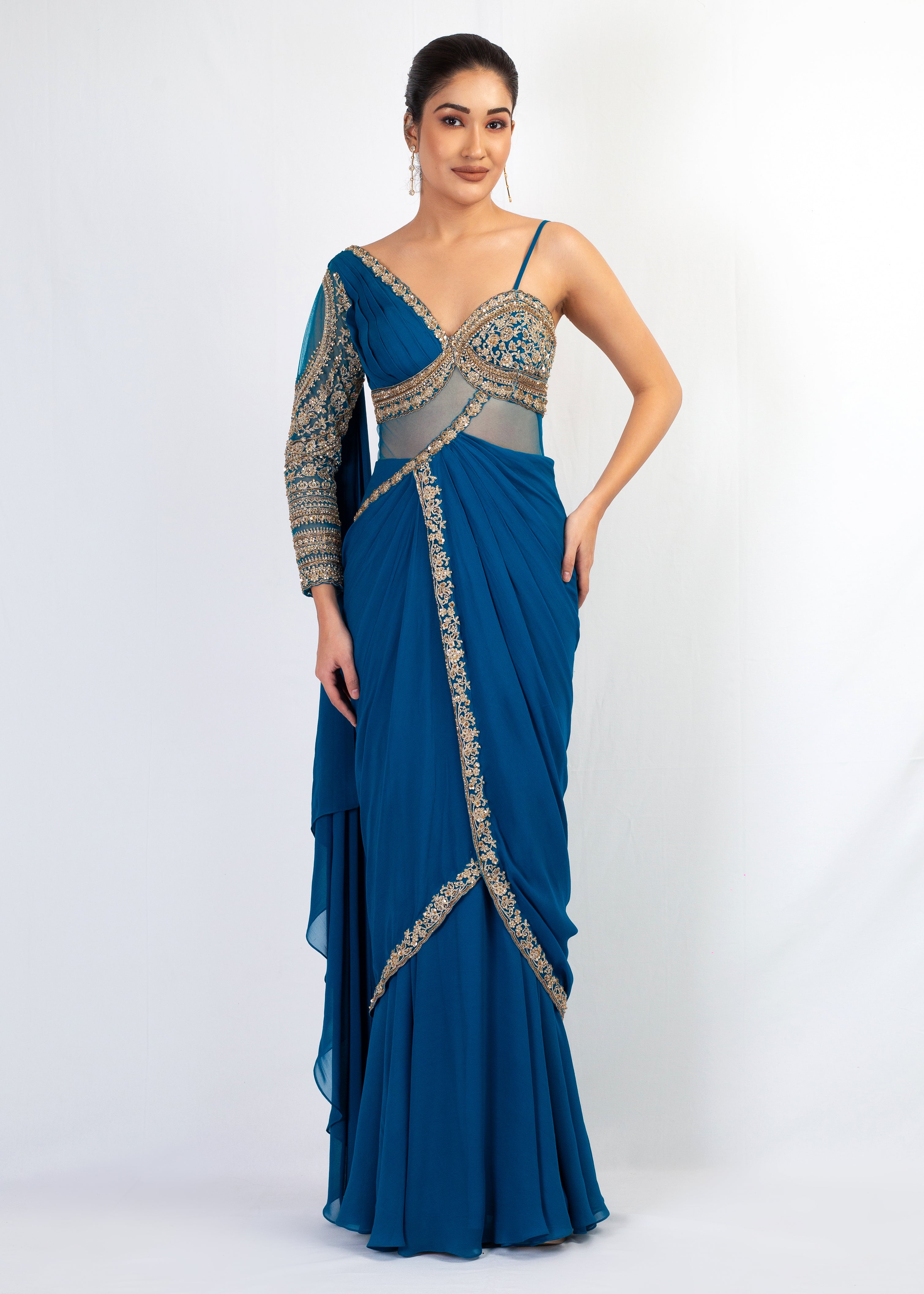 STYLISH TEAL BLUE SAREE WITH ATTACHED ONE SHOULDER TOP