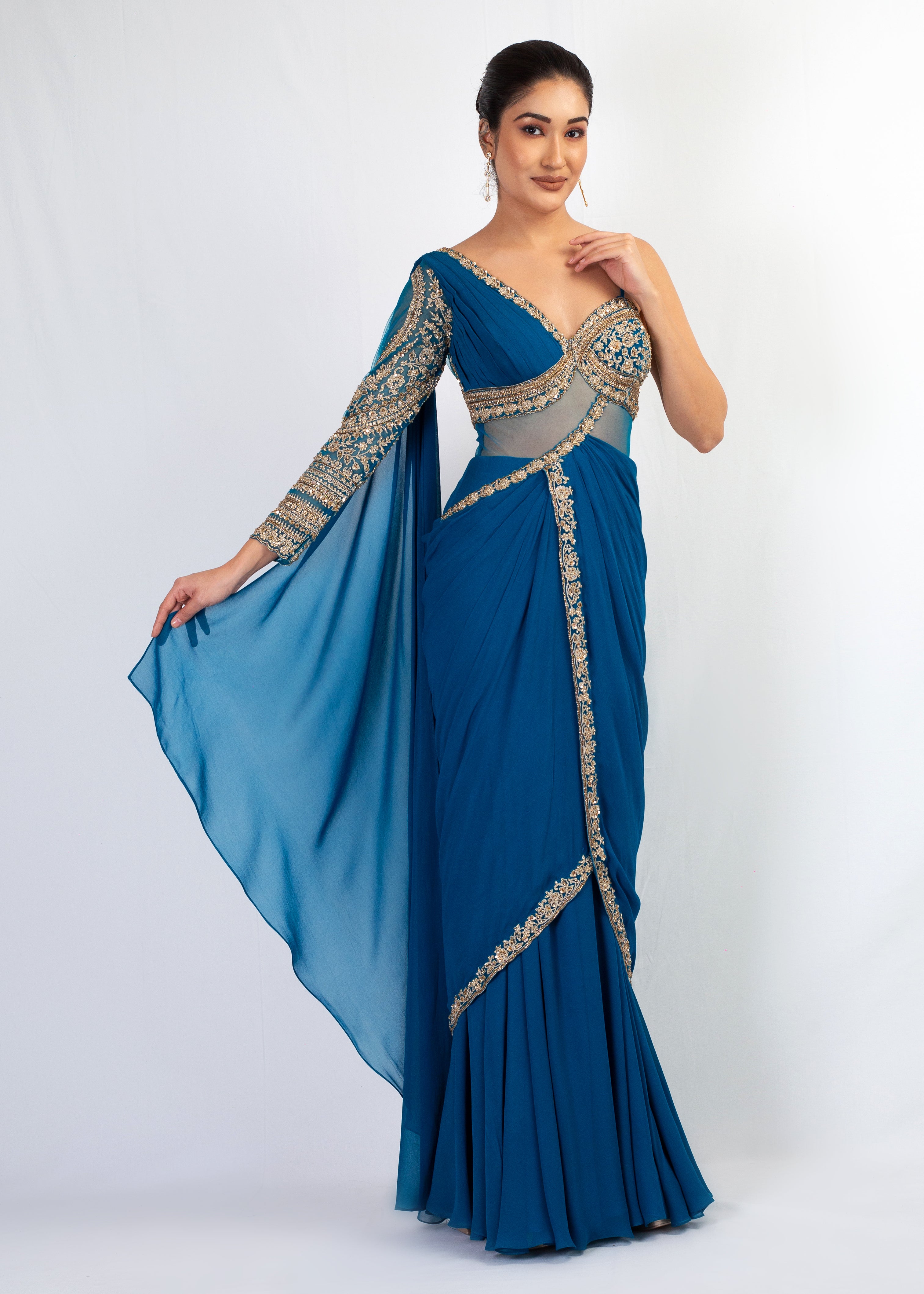 STYLISH TEAL BLUE SAREE WITH ATTACHED ONE SHOULDER TOP