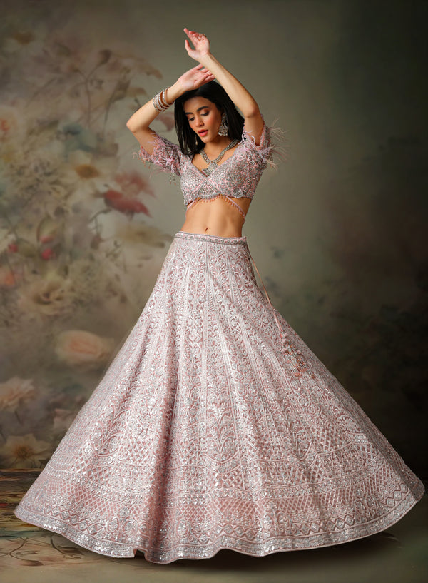 PINK TOP FEATHER ON SLEEVES WITH EMB KALI SKIRT