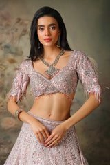 PINK TOP FEATHER ON SLEEVES WITH EMB KALI SKIRT