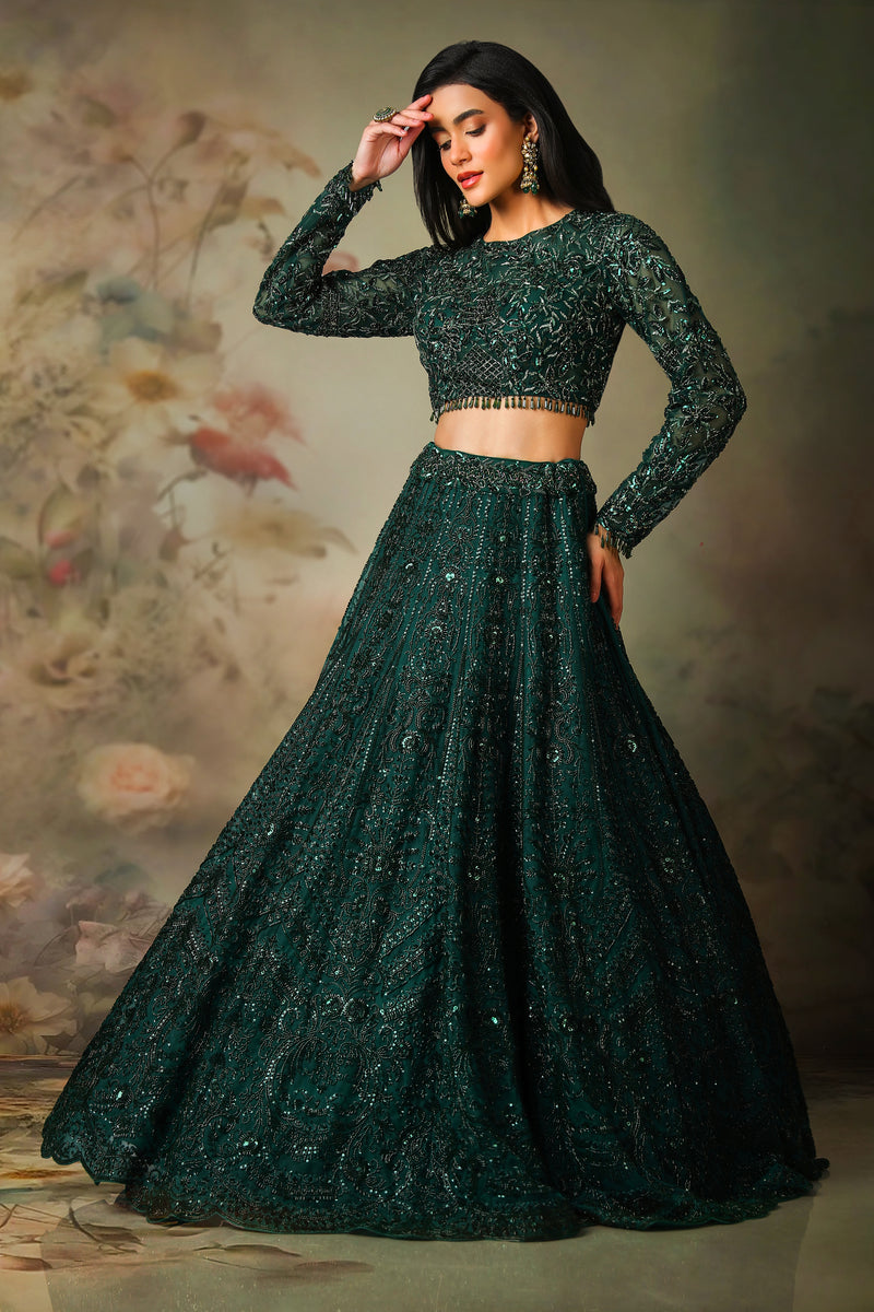 GREEN FULL SLEEVES TOP WITH EMB KALI SKIRT