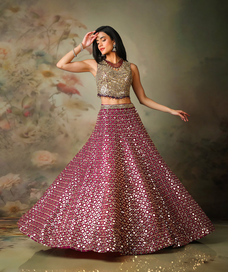 GOLDEN MIRROR TOP WITH PATRA FABRIC SKIRT