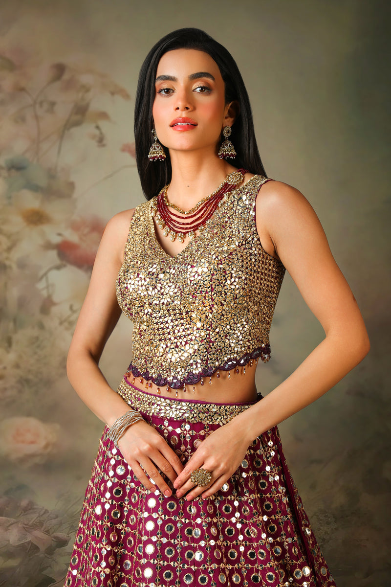 GOLDEN MIRROR TOP WITH PATRA FABRIC SKIRT