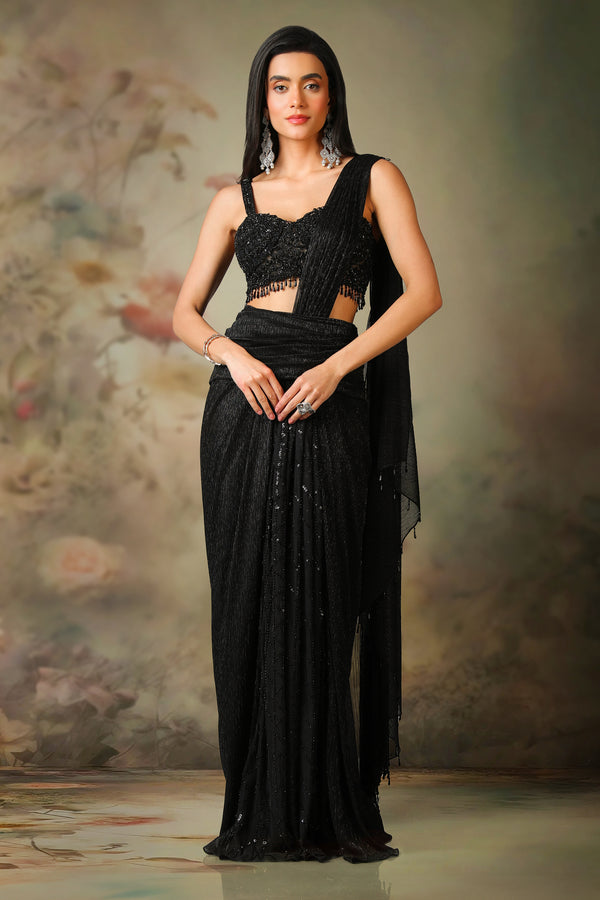 BLACK TOP CRINKLE LYRA DRAPE SAREE