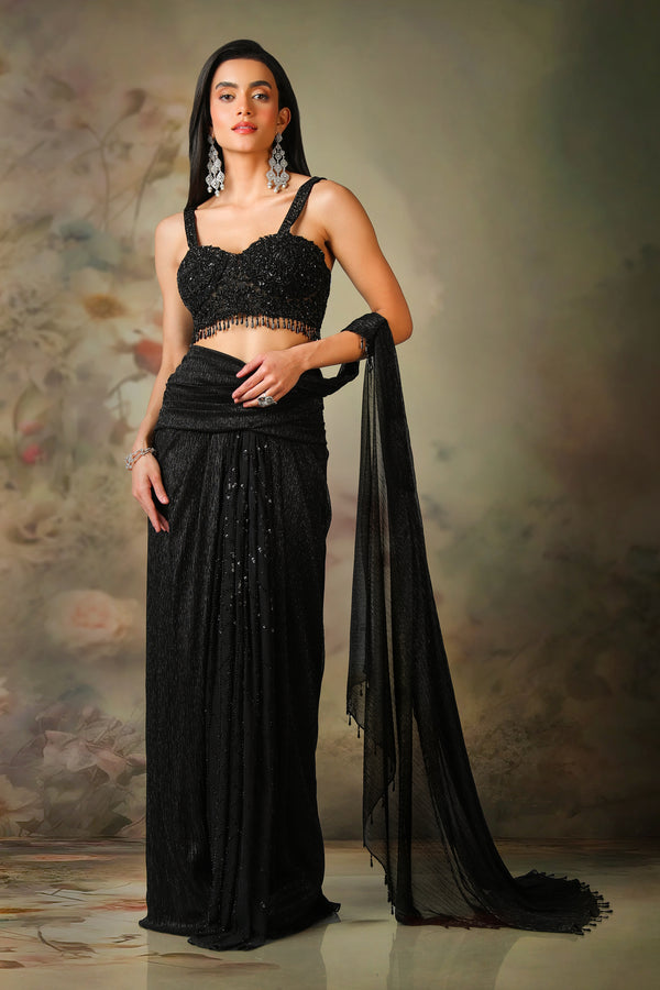 BLACK TOP CRINKLE LYRA DRAPE SAREE