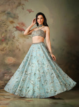 ICE BLUE TOP WITH ORANGZA FABRIC SKIRT