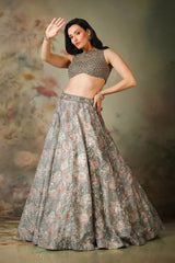 GREY PEARL TOP WITH PRINTED SKIRT