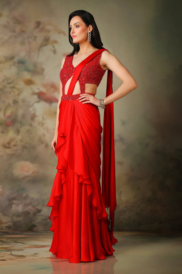 RED TOP STRICHED RUFFLE SAREE