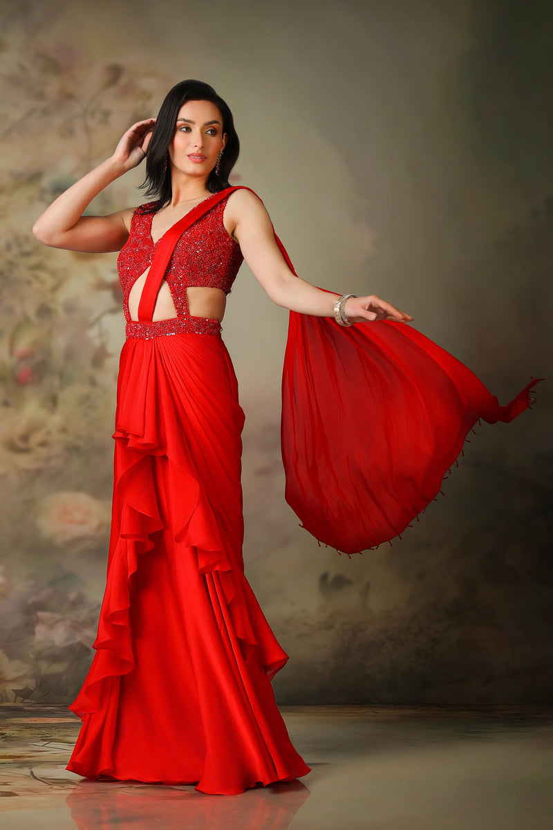 RED TOP STRICHED RUFFLE SAREE