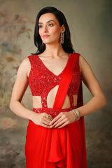 RED TOP STRICHED RUFFLE SAREE