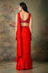 RED TOP STRICHED RUFFLE SAREE