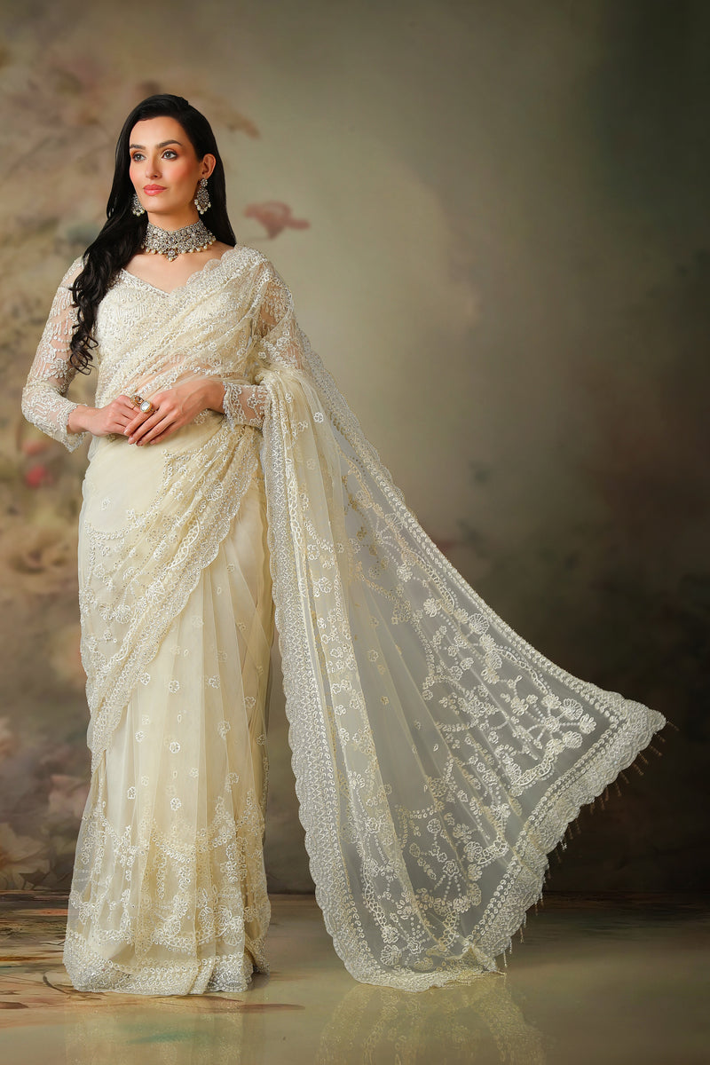 IVORY FULL SLEEVES TOP WITH STRICHED SAREE