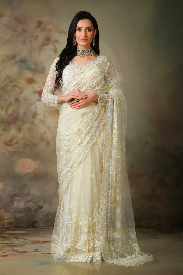 IVORY FULL SLEEVES TOP WITH STRICHED SAREE