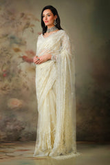 IVORY FULL SLEEVES TOP WITH STRICHED SAREE