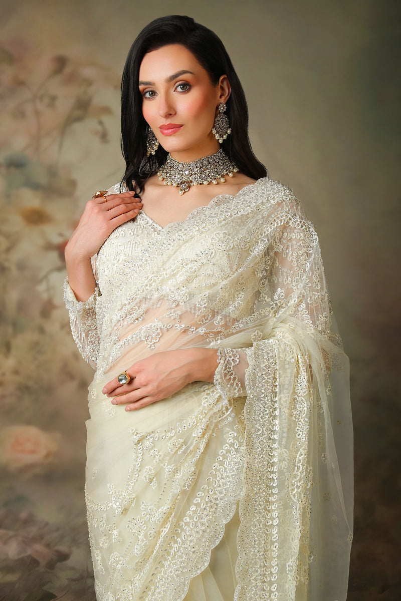 IVORY FULL SLEEVES TOP WITH STRICHED SAREE