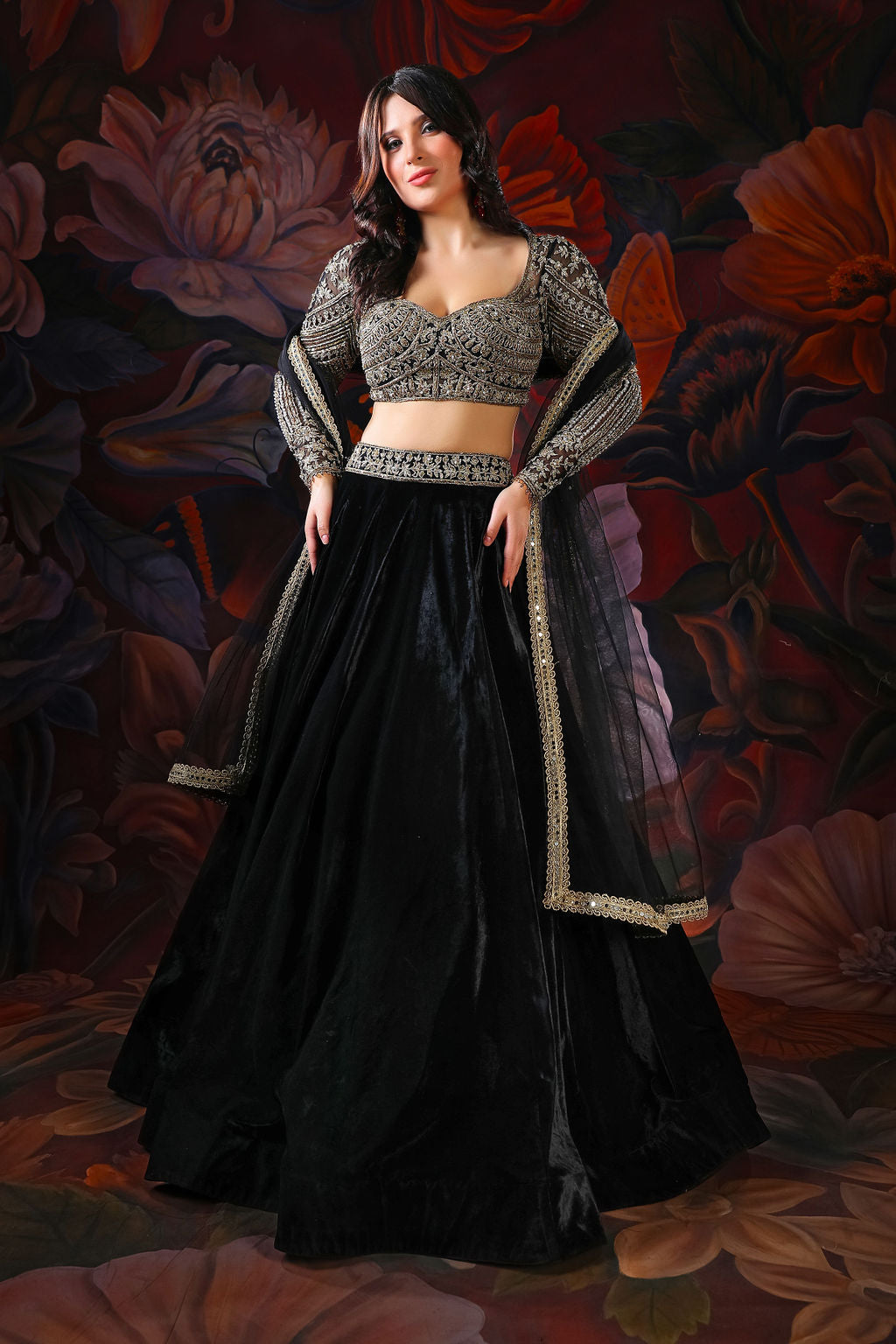 black full sleeves embroidered  top with black velvet skirt