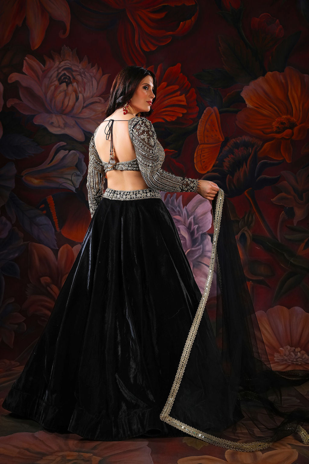 black full sleeves embroidered  top with black velvet skirt