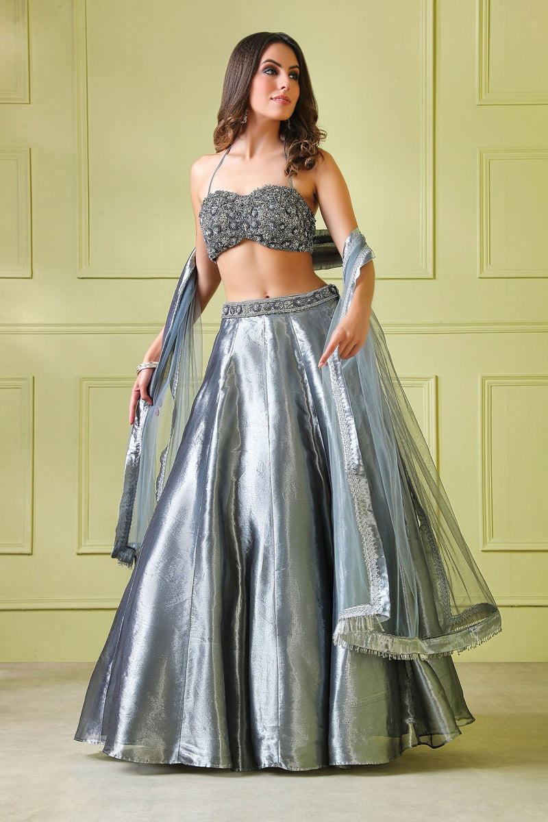 Grey silver tissue lehenga with embroidery top