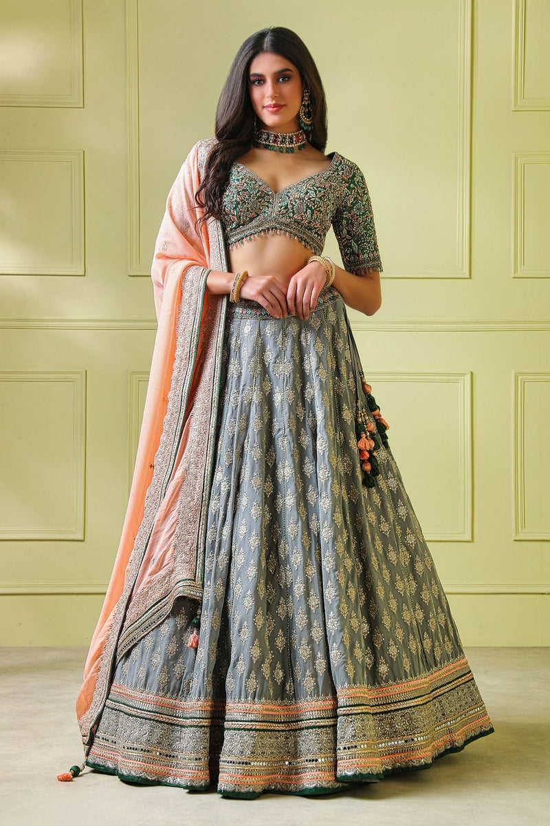 Grey embroidery Lehenga With Green Embroidery Top