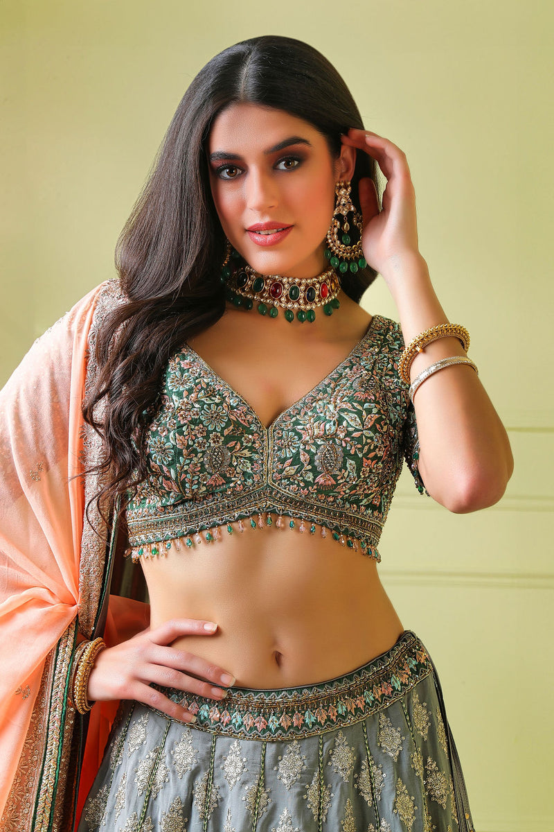 Grey embroidery Lehenga With Green Embroidery Top