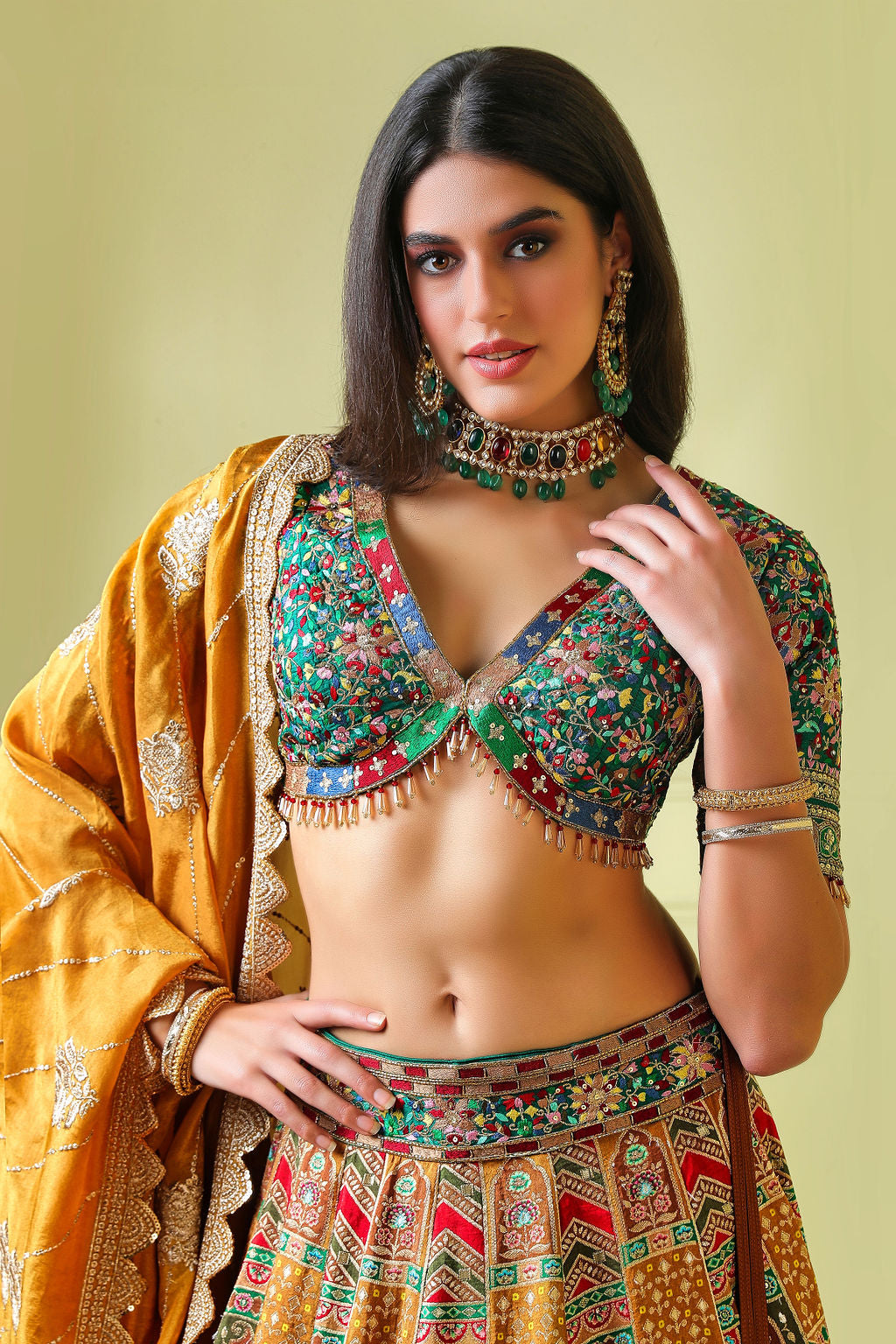 Green Embroidery top with multicolour Lehenga