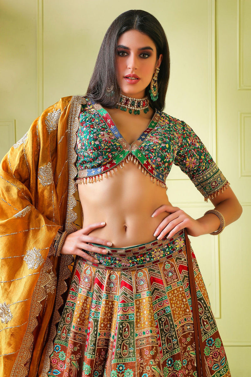 Green Embroidery top with multicolour Lehenga