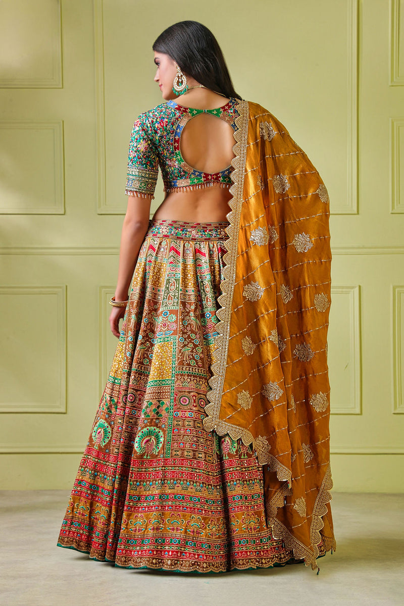 Green Embroidery top with multicolour Lehenga