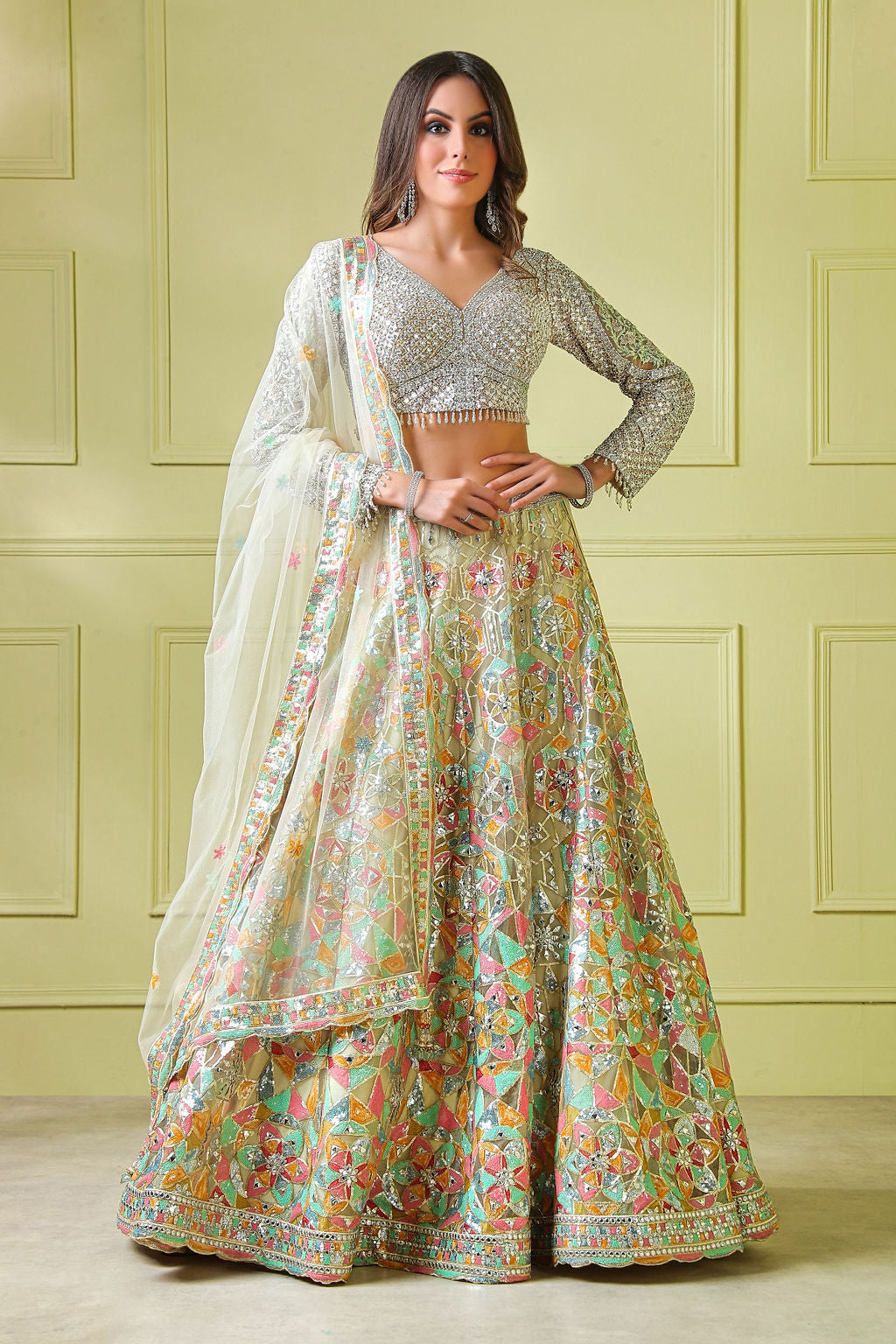 Multicolour Lehenga with Leather patch full sleeves top – Mongas