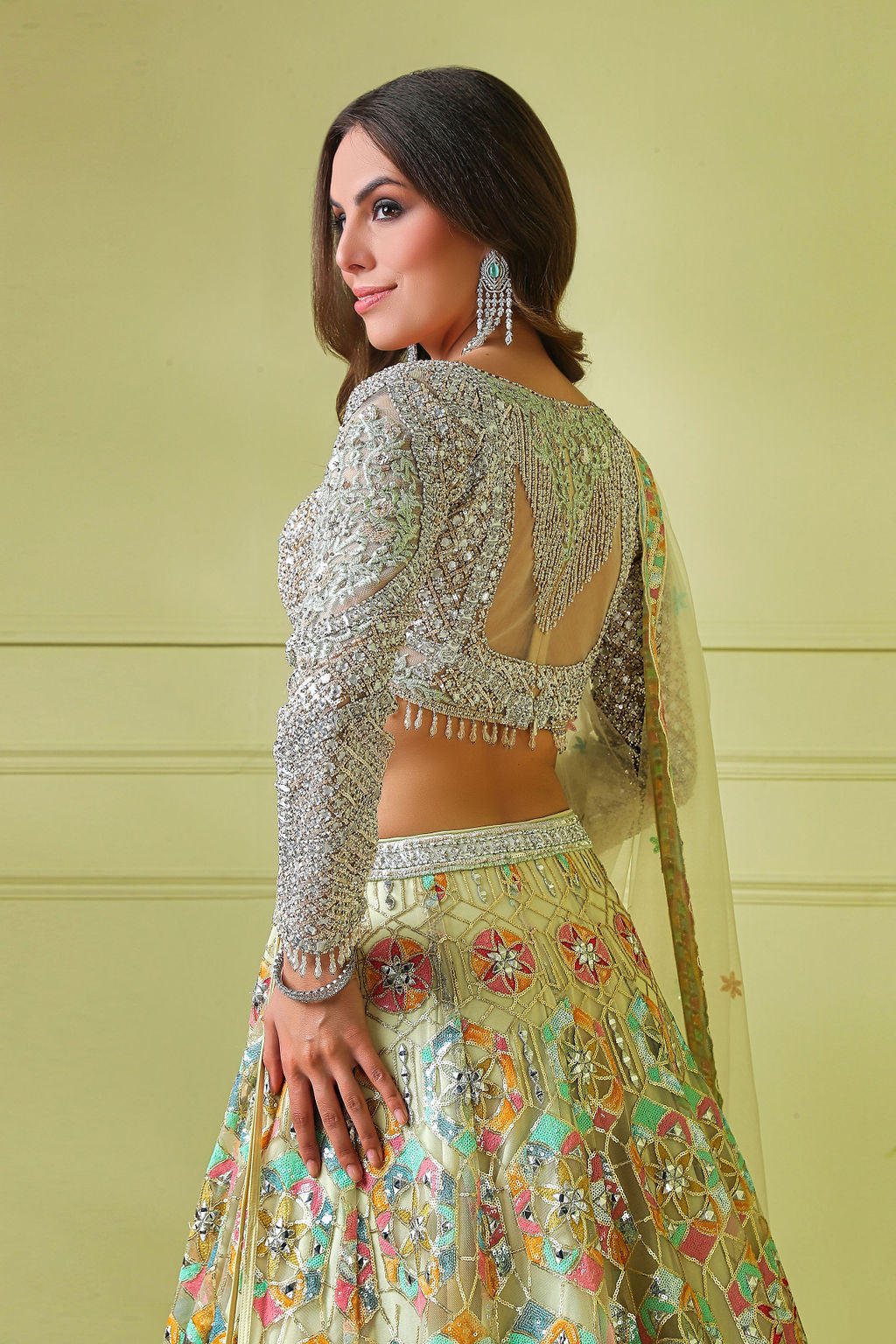 Multicolour Lehenga with Leather patch full sleeves top