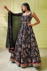 Black multi embroidery Gown with Scarf