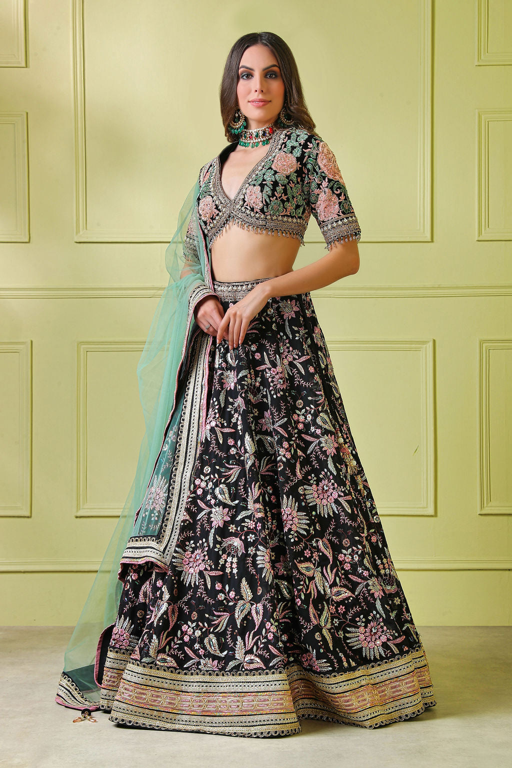 Black velvet patch embroidered top with embroidered skirt