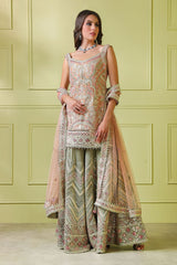 Peach embroidered Suit with embroidered Olive sharara