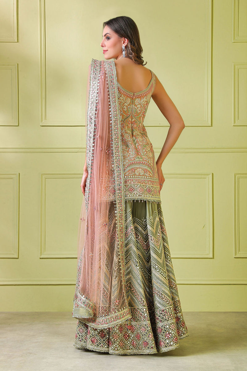 Peach embroidered Suit with embroidered Olive sharara