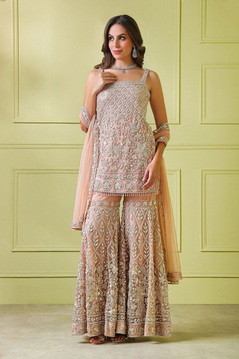 Nude peach hand embroidered Suit with  embroidered sharara
