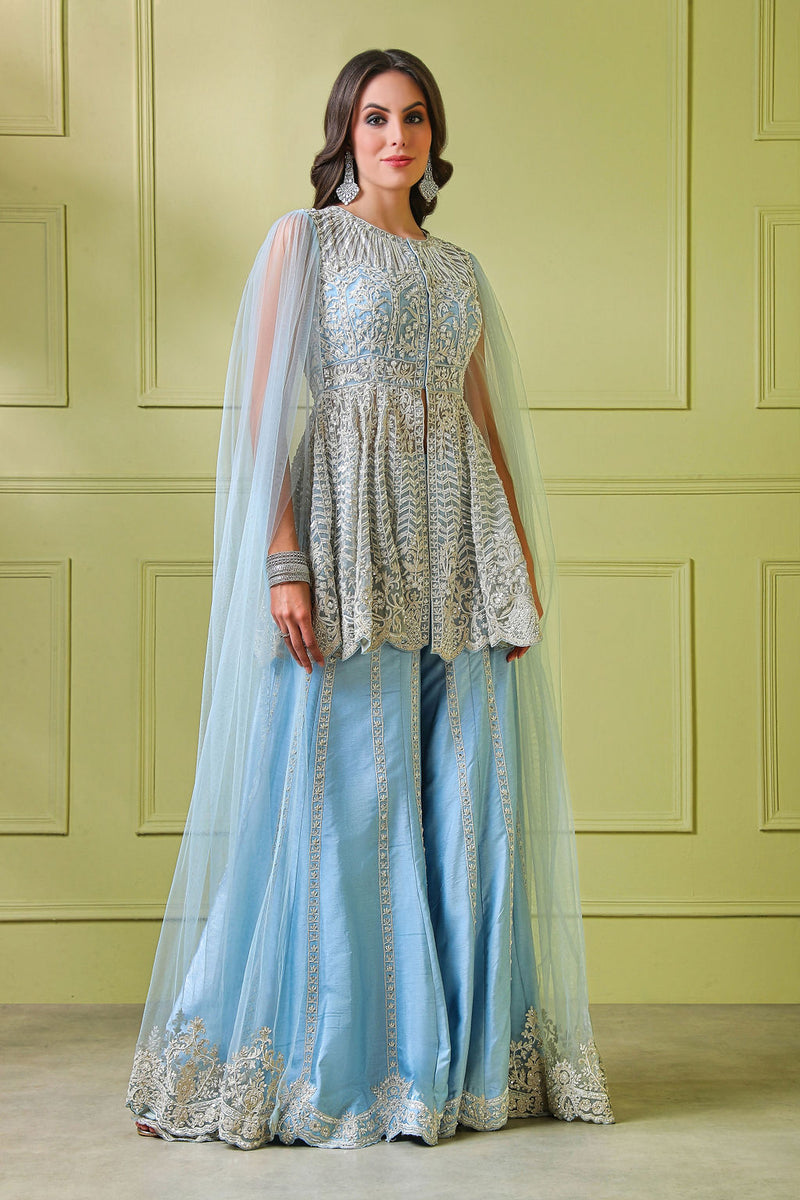 Blue embroidered peplum with drape and Embroidered sharara