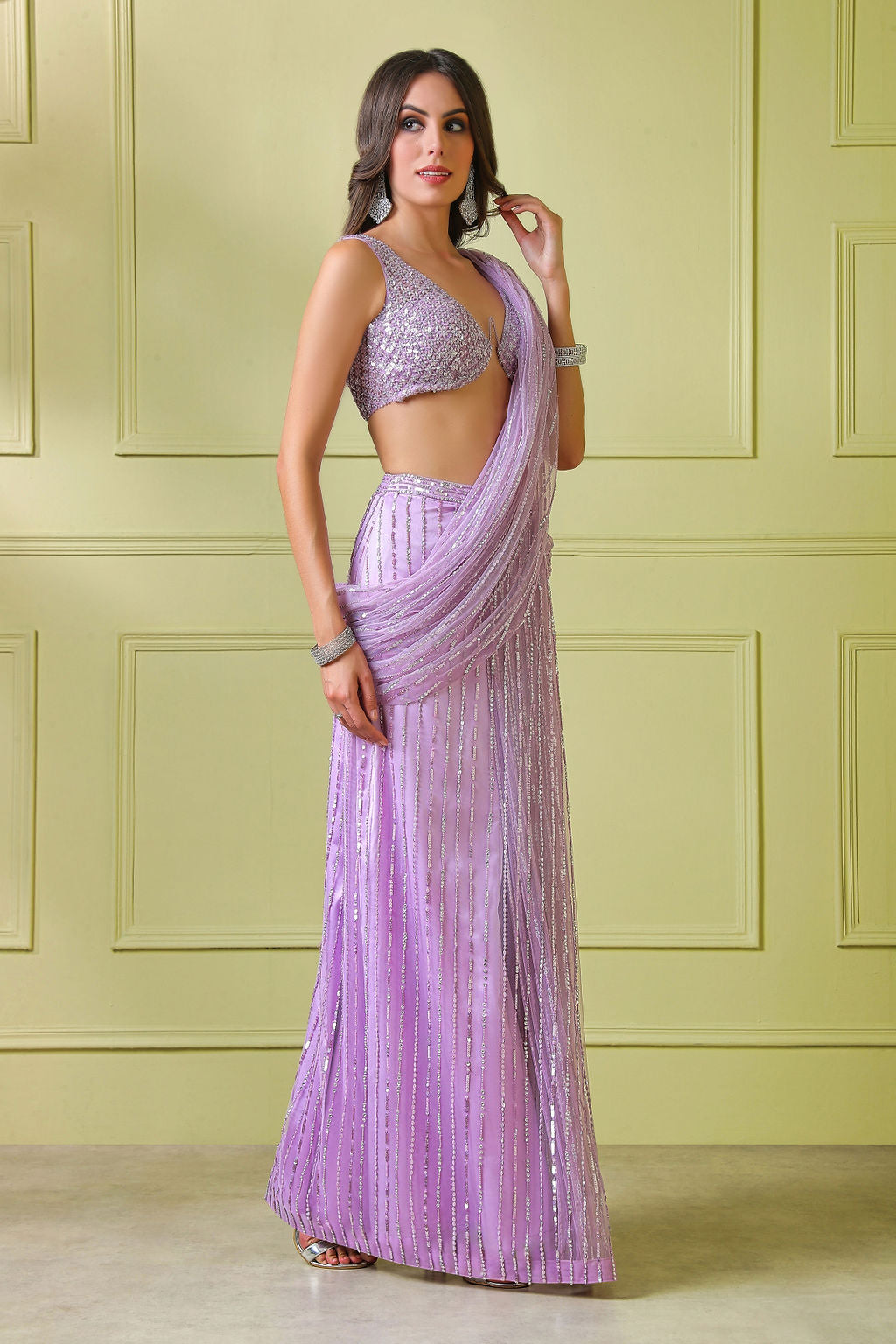Lilac hand embroidered top and Stitch saree