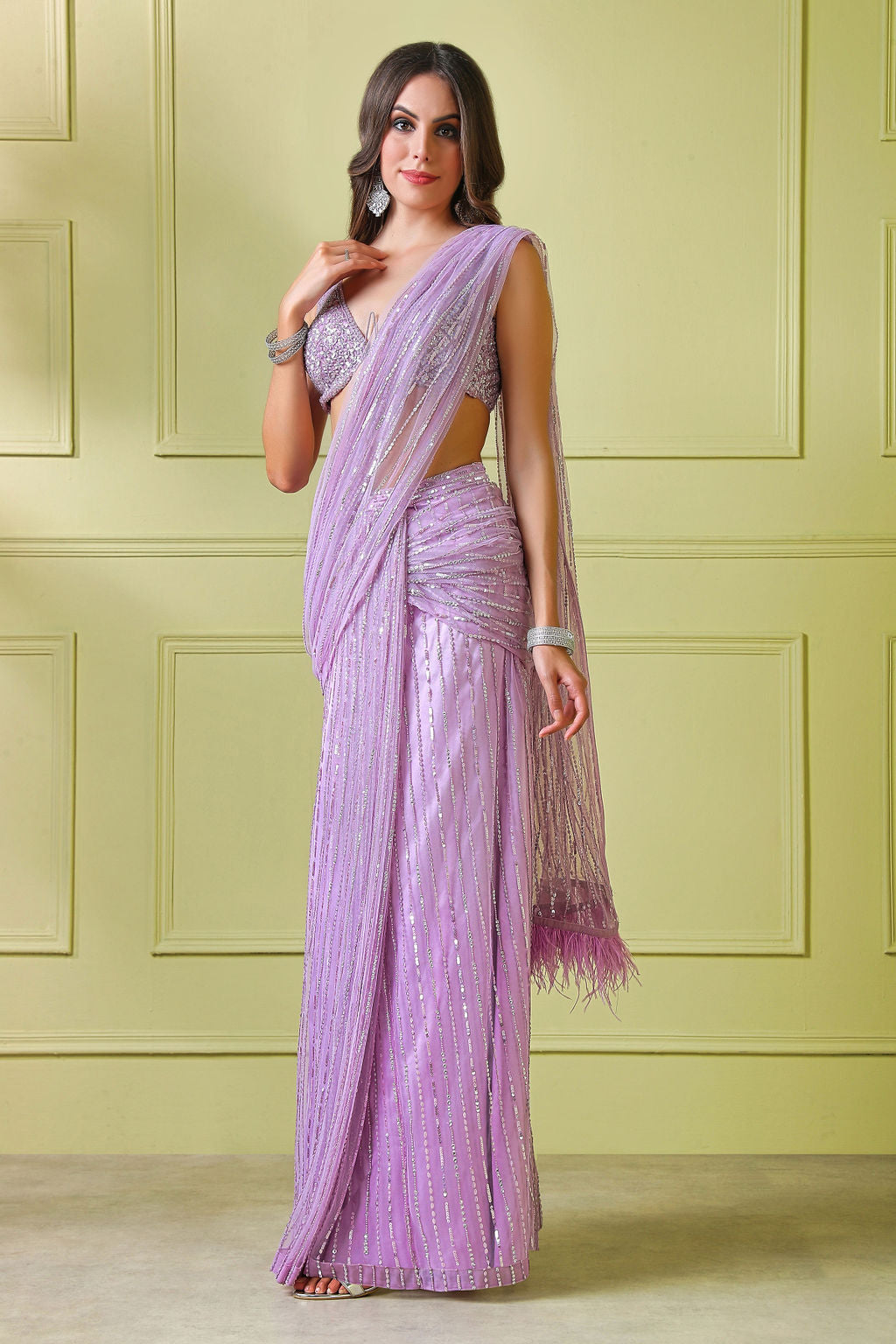 Lilac hand embroidered top and Stitch saree