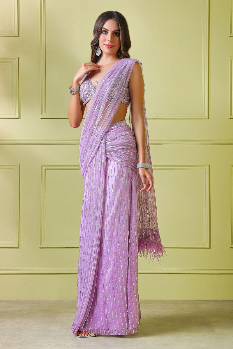 Lilac hand embroidered top and Stitch saree